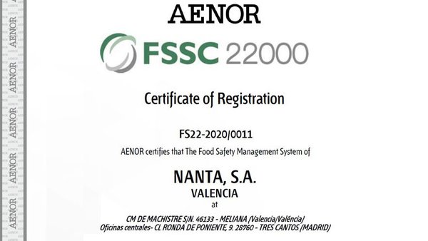 Nanta, primeira empresa de produción de pensos compostos en obter a certificación FSSC 22000 de seguridade alimentaria