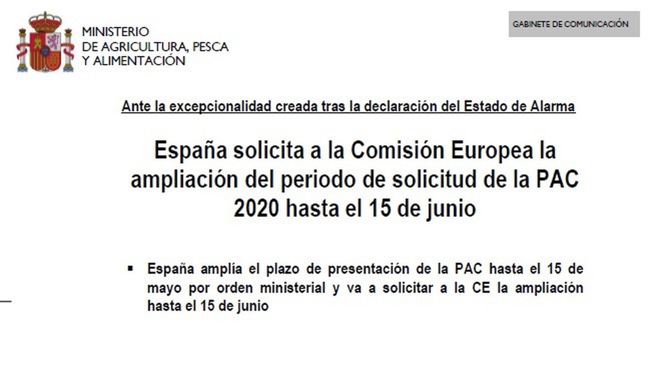 España solicita a la Comisión Europea la ampliación del periodo de solicitud de la PAC 2020 hasta el 15 de junio