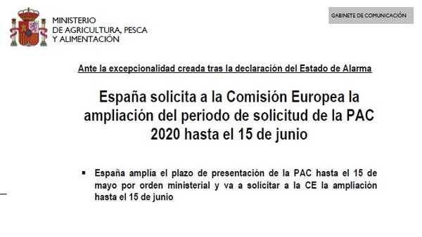 España solicita a la Comisión Europea la ampliación del periodo de solicitud de la PAC 2020 hasta el 15 de junio