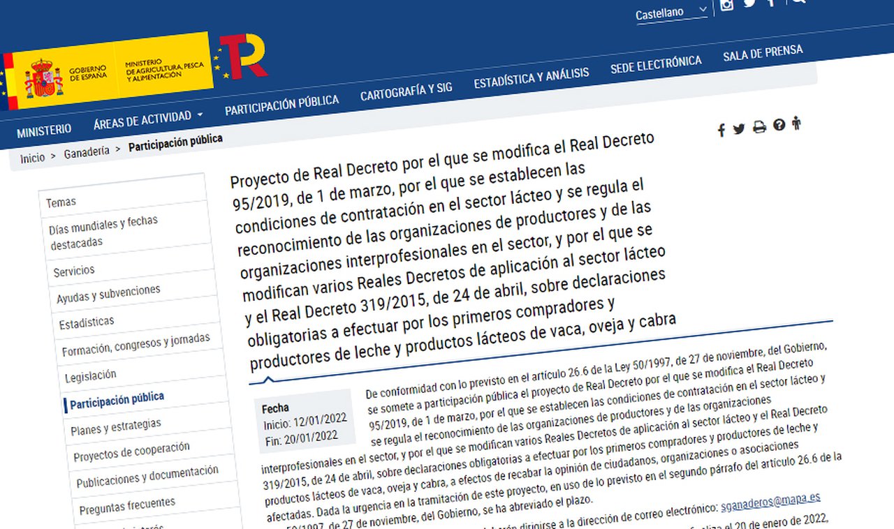 El MAPA saca a consulta pública la modificación de la normativa que regula los contratos en el sector lácteo