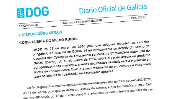 La Xunta aprueba nuevas medidas para la actividad agroganadera durante el estado de alarma sanitaria