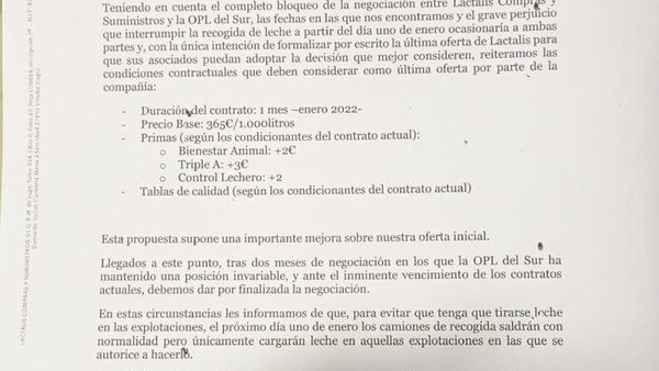 Denuncian que Lactalis envía una carta amenazante para que los ganaderos firmen por debajo de los costes de producción