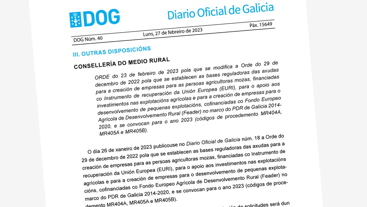 Ampliado o prazo de solicitude das axudas para a incorporación de mozos ao agro, plans de mellora e o desenvolvemento de pequenas explotacións