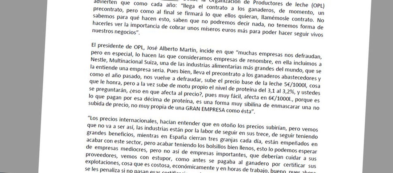 La OPL muestra su descontento por el trato de Nestlé a sus ganaderos