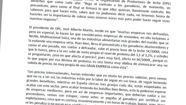 La OPL muestra su descontento por el trato de Nestlé a sus ganaderos
